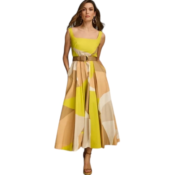 Donna Karan Dresses & Skirts - Donna Karan Women's Dress Size 4 Yellow Tan Sleeveless Flare Belted Midi